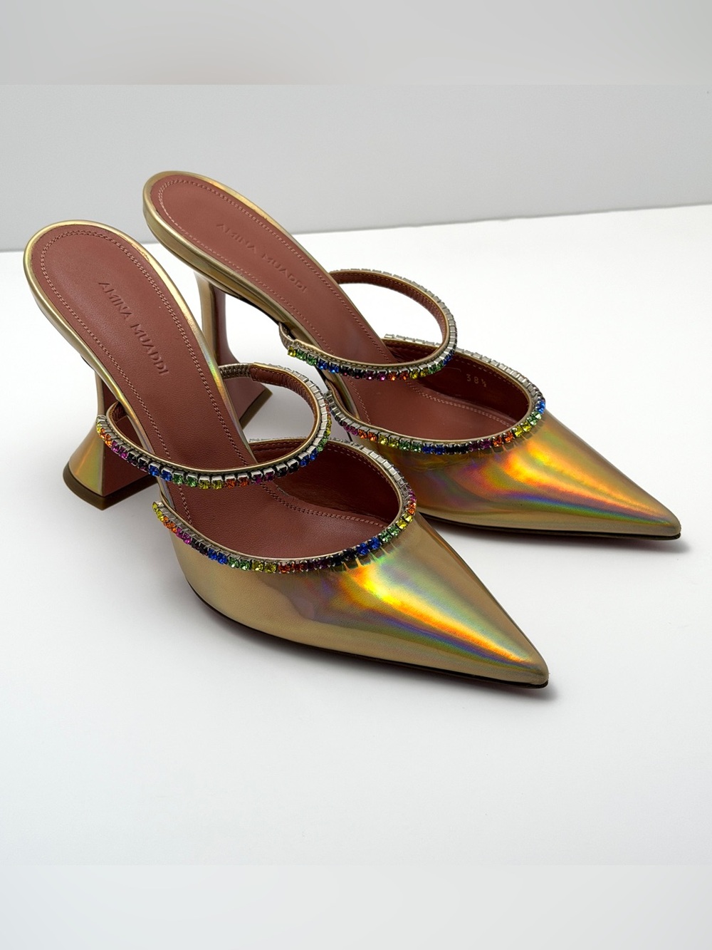 Amina Muaddi Gold Iridescent Pointed Toe Mules - NEW EU38.5